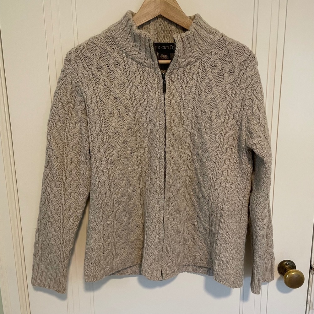 Inis‎ Crafts Merino Wool Cable Knit Full Zip Cardigan Sweater Size Medium